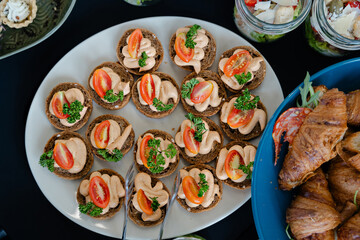 Elegant savory canapes with creamy mousse, cherry tomatoes and fresh herbs arranged on plate for catering buffet or brunch event