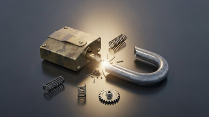 Broken lock resting on calm surface, justice served theme.