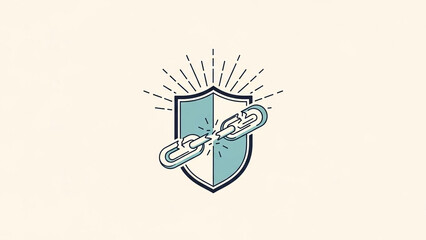 Minimal emblem combining shield, light rays, and broken chain shapes.