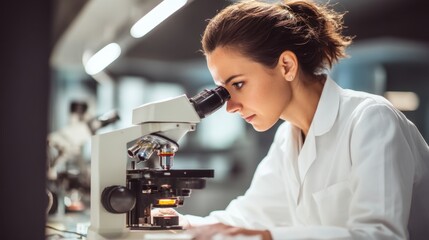 A scientist looks through a microscope in a laboratory. She studies samples focusing intently on her work. The setting is well lit with laboratory equipment present.