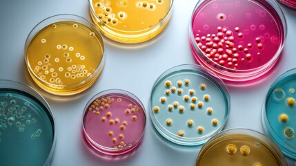 Fototapeta premium Several petri dishes contain different bacterial cultures. The dishes have various colors and display bubbles and growth. The laboratory has bright light and reflects scientific research.