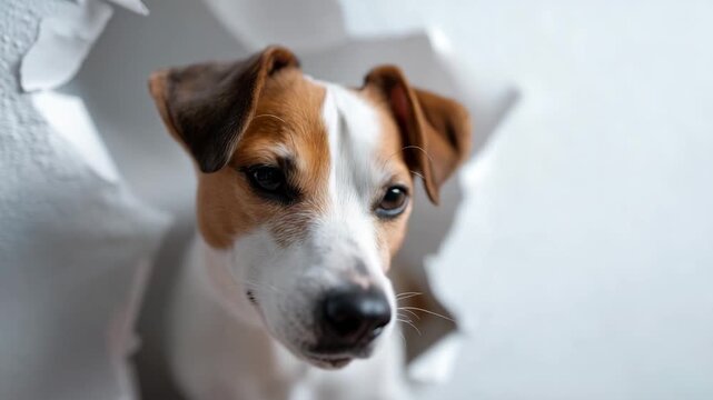 4k happy dog peeking through torn paper with number 2026, playful new year concept, white minimalist background, cute pet portrait, cheerful and fun atmosphere, creative festive compo