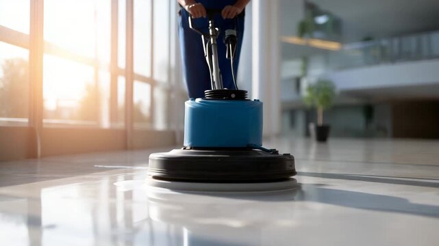 4k professional cleaner using industrial floor cleaning machine with foam detergent on shiny tiled surface, modern interior with large glass windows, bright natural