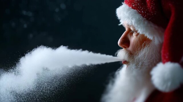 4k santa claus with white beard and red outfit blowing snowflakes, magical winter atmosphere, dark background with sparkling particles, warm holiday lighting, traditional