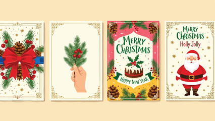 Set of four vintage style Christmas greeting cards with Santa Claus red bow and holiday typography vector illustration templates © Arzufa