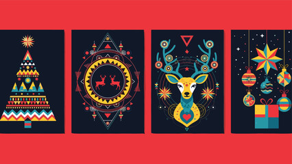 Set of four colorful geometric Christmas posters with abstract reindeer tree and hanging decorations for holiday greeting cards vector illustration © Arzufa