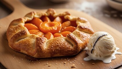 Delicious homemade peach tart with melting ice cream for National Apricot Day