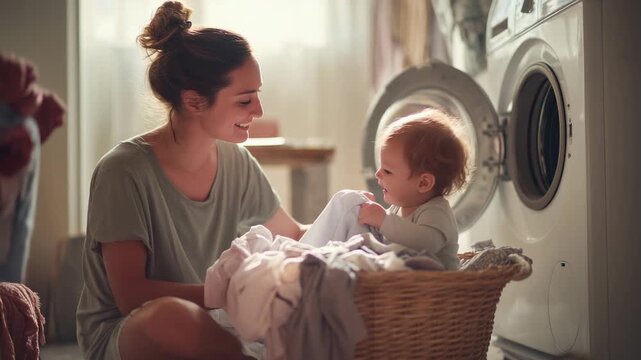smiling mom folding clothes near washing machine while baby plays in laundry basket, gentle sunlight, cozy home interior, warm neutral colors, everyday family life