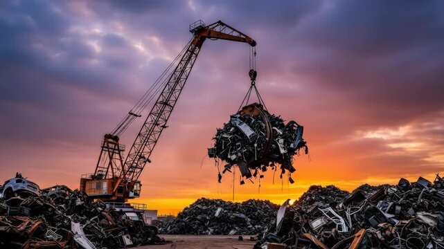 Industrial crane lifting scrap metal at sunset against dramatic sky