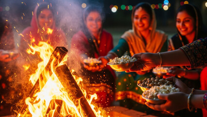 Lohri celebration with bonfire, ethnic attire, food offerings, and festive lights in joyful atmosphere.