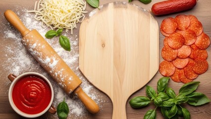 Delicious homemade pizza ingredients on wooden table with rolling pin for National Pizza Week