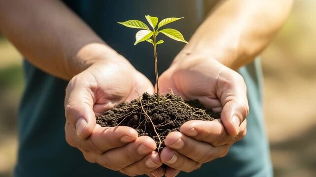 Young plant sapling with hopeful mood growing in cupped human hands against a blurred outdoor background
