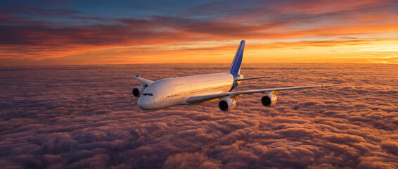 Aerial view of an airplane flying freely above clouds at sunset, expansive sky, glowing horizon line, freedom and exploration theme, 
