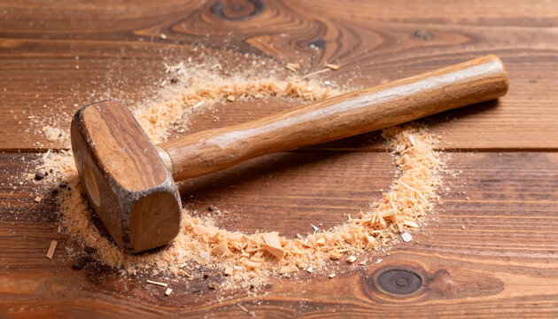 Wooden hammer resting on a wooden surface surrounded by wood chips - Powered by Adobe