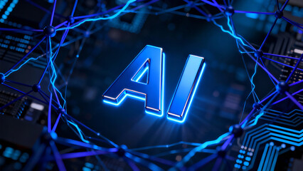 Futuristic artificial intelligence concept with glowing blue ai text