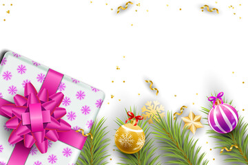 PNG image of Festive christmas border design featuring a bright pink bow gift box and ornaments on transparent background