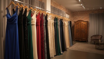 Row of elegant floor length evening gowns in various colors hanging on wooden hangers inside a stylish boutique showroom