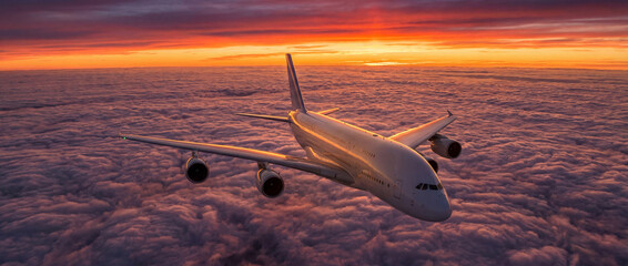 Aerial view of an airplane flying freely above clouds at sunset, expansive sky, glowing horizon line, freedom and exploration theme, 