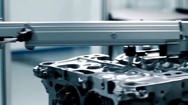 A high-tech cnc machine performs precise machining on an engine block within a contemporary industrial environment. the setting features polished floors and expansive glass walls, demonstrating cuttin