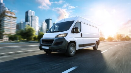 A white delivery van moves quickly on a road lined with tall buildings. The sun shines brightly casting shadows on the pavement. The scene shows a busy urban environment.