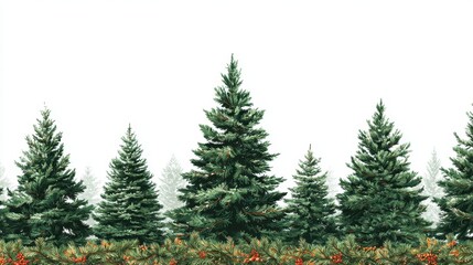 Fototapeta premium Lush evergreen trees stand together in a snowy scene. Bright red berries are scattered among the branches at the base of the trees creating a festive look.