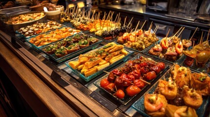 Many trays of food sit on a table showcasing a variety of dishes with skewers and colorful ingredients. People enjoy the market atmosphere and taste the offerings.