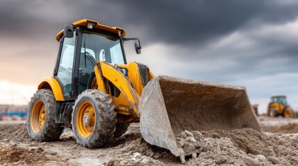 A backhoe loader in action, digging a foundation, dirt on its bucket, dynamic