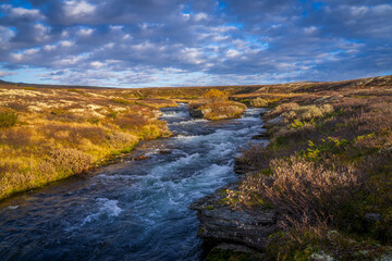 Mountain river flowing through autumn tundra landscape