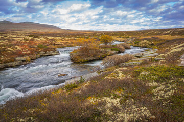 Mountain river flowing through autumn tundra landscape
