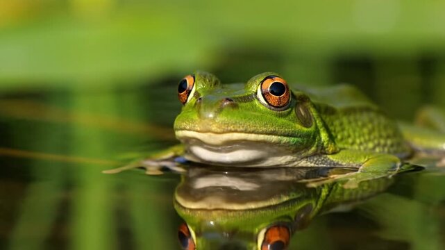 Close up of a vibrant green frog with striking orange eyes resting in calm water