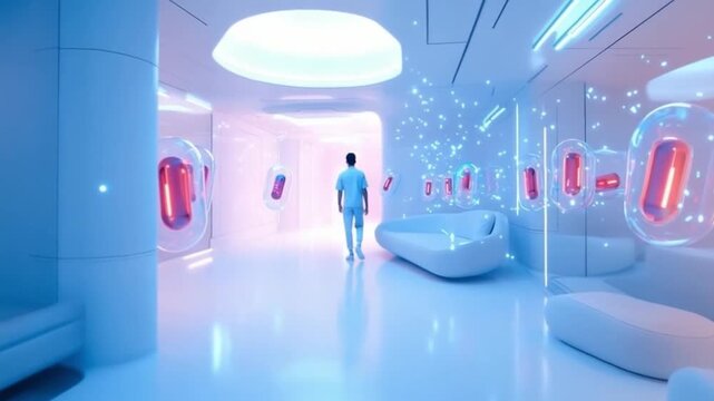 Discover a high-tech medical space filled with innovative design and bright colors. Ideal for themes of health and technology. Experience the future today. AI