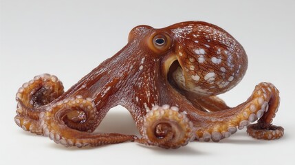 An octopus sits on a smooth surface showing its tentacles and body patterns. The creature looks curious with its eye open and mouth slightly visible. This scene captures marine life up close.