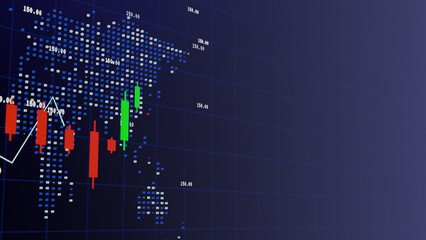 Global Financial Market Data Visualization with Candlestick and Line Charts on a Digital World Map Background
