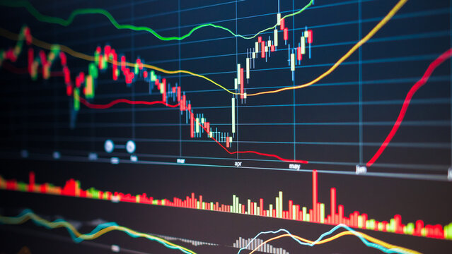 Close-up view of dynamic financial market data displayed on a digital screen, showing candlestick charts and trend lines for investment analysis and trading decisions. - Powered by Adobe