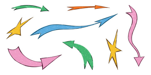 Hand drawn crayon movement arrow collection. Grunge squiggly arrow set. Pencil chalk lines sketch. Color brush scribble element set. Doodle vector illustration.