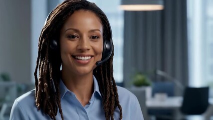 Friendly African American call center agent wearing a headset and talking. Professional customer service representative smiling while speaking on a video call in an office. Support concept