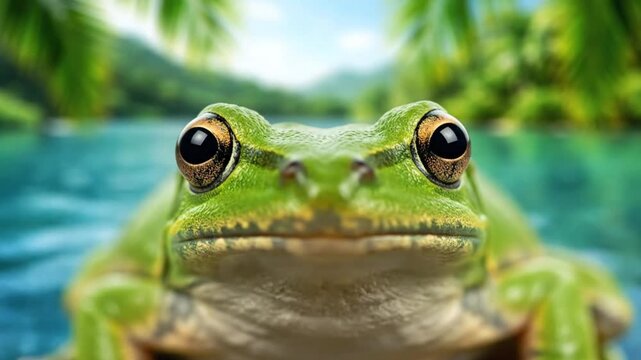 Close-up of a vibrant green tree frog with large eyes in tropical water habitat