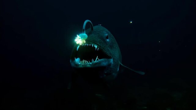 Deep sea anglerfish swimming in the dark with a glowing bioluminescent lure. Scary underwater predator with sharp teeth in the abyss. Realistic 3D animation of a marine monster