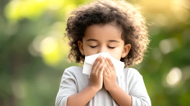 A young child stands outdoors, tightly closing her eyes as she blows her nose into a crumpled white tissue. Her cheeks tense and her eyebrows draw together, clearly showing the phy