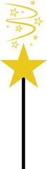 Obraz premium Golden magic wand with glowing stars and sparkling trail vector illustration, wizard or fairy godmother magical stick icon, enchanted fantasy element for mystery and imagination designs on white.