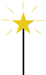 Magic Wand with Yellow Star and Sparkling Rays Graphic, Fairy Tale Wizard Stick Illustration Isolated on White Background for Fantasy Designs, Birthday Party Invites and Children's Art Projects.