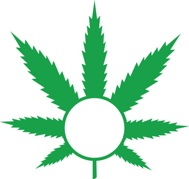 Green cannabis leaf with circular blank frame vector illustration, marijuana or hemp plant symbol with empty space for text or logo, medical herb and weed culture design element on white.