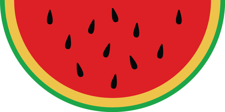 Sliced watermelon half vector illustration with black seeds, fresh red summer fruit icon, healthy organic food and seasonal snack element, bright flat design for kitchen and nutrition themes.