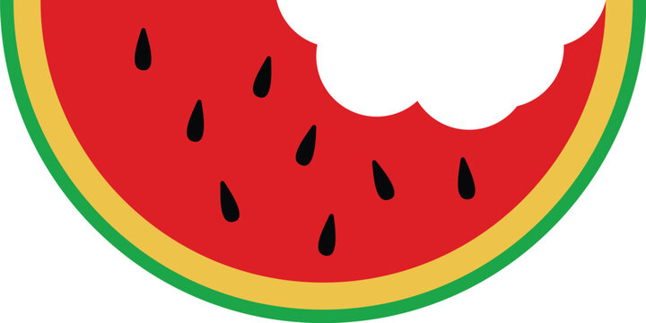 Sliced watermelon with bite mark vector illustration, fresh red summer fruit with seeds, fun healthy food icon for snack and refreshment concepts, bright flat design element on white background.
