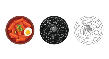 Illustration of korean fish cakes in a bowl shown in color silhouette and outline