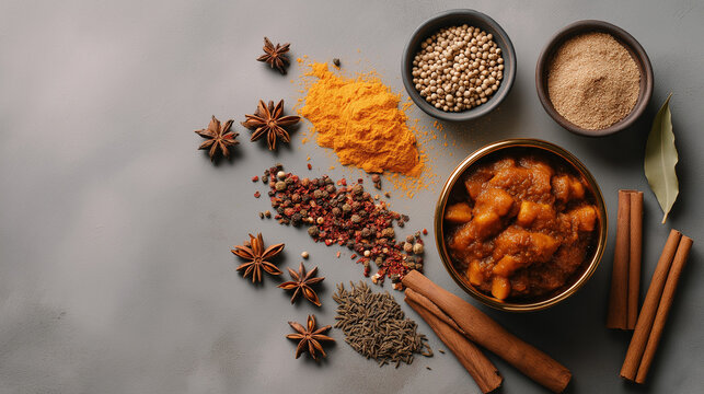 Indian dish paired with a minimal selection of spices arranged neatly, modern fashion-style composition, warm gray-beige background