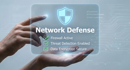 Cybersecurity concept with a hand interacting with a glowing network defense interface display.
