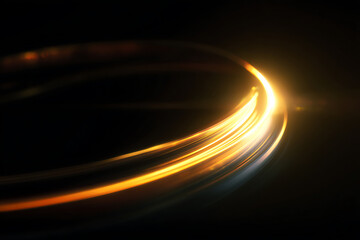 Gold light line beam, gold circle, glow isolated on black background for design overlays