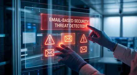 Cybersecurity expert detecting email threat on transparent screen in server room, data protection concept.