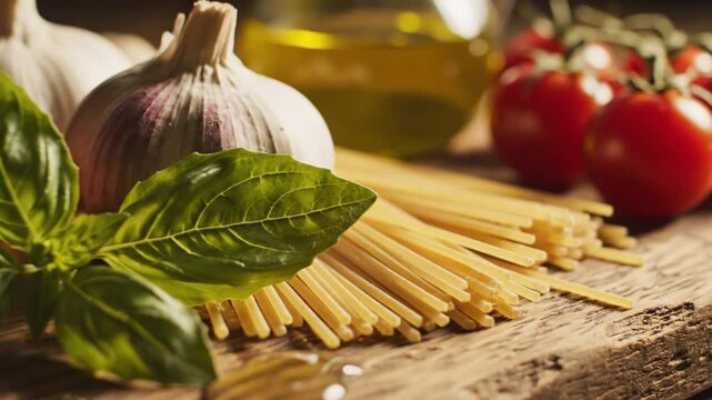 Fresh ingredients for Italian cuisine - tomatoes, basil, garlic, and pasta.